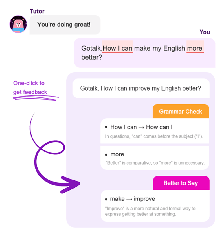 Cute AI character giving speaking feedback